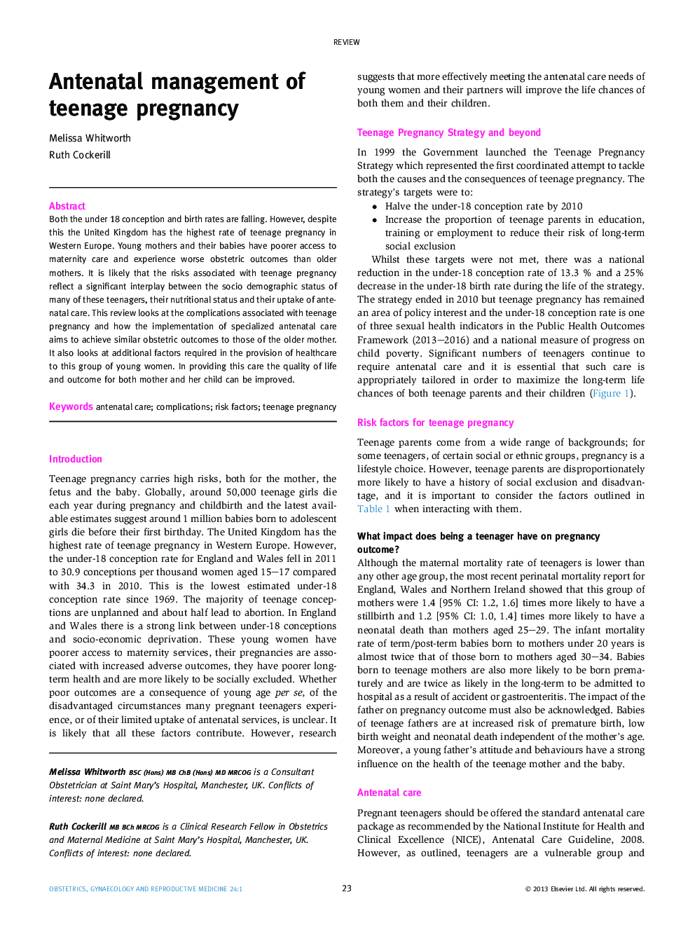 Antenatal management of teenage pregnancy