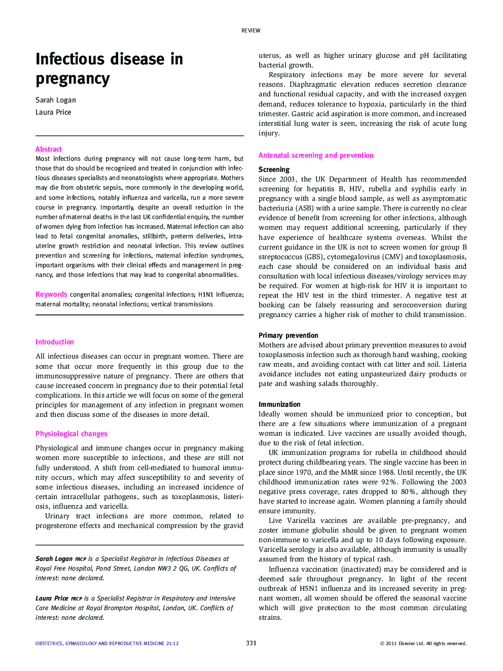 Infectious disease in pregnancy