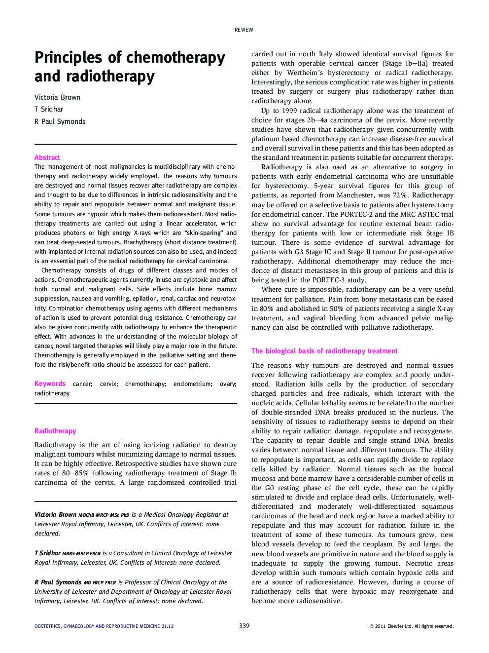 Principles of chemotherapy and radiotherapy