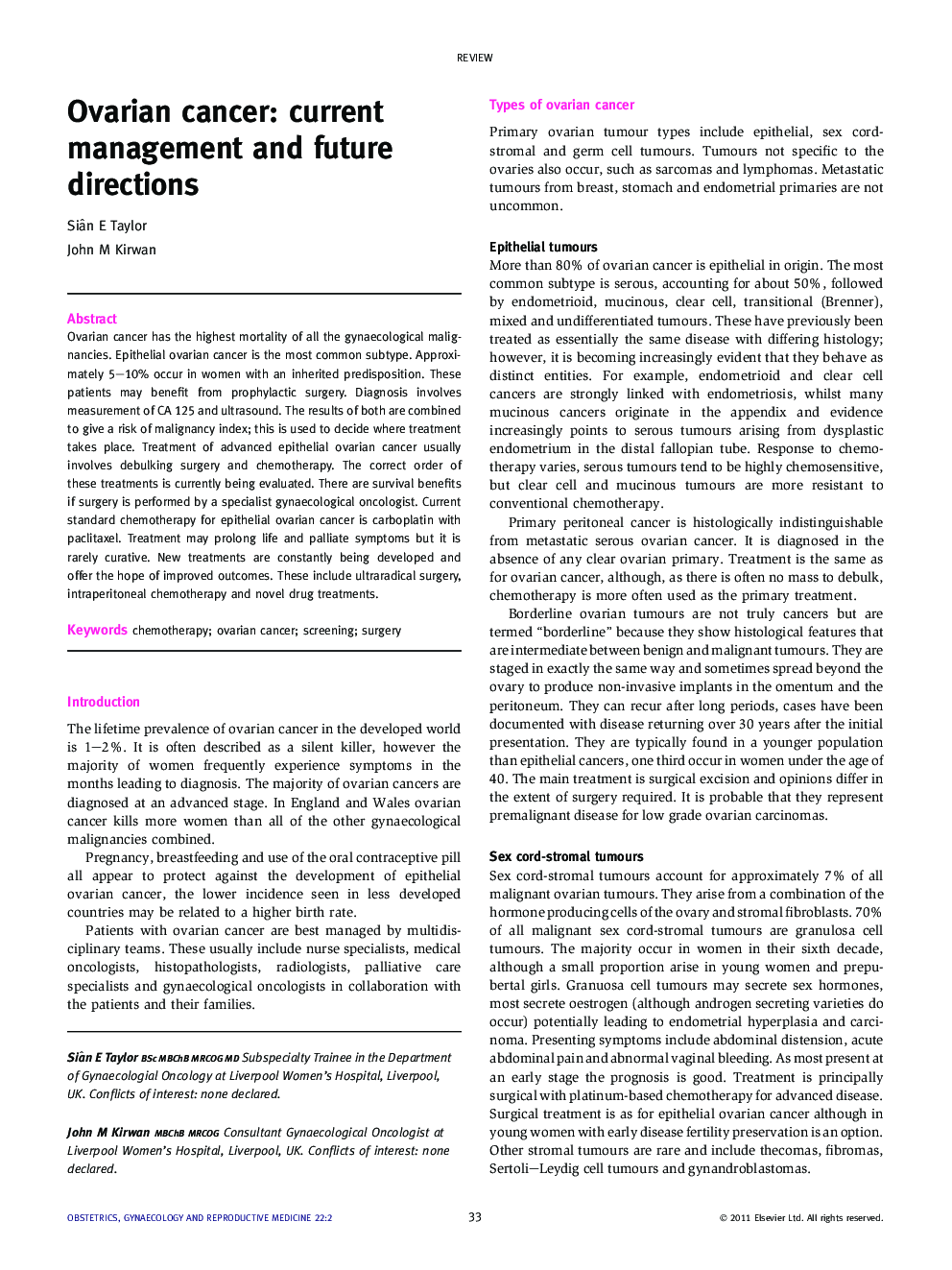 Ovarian cancer: current management and future directions