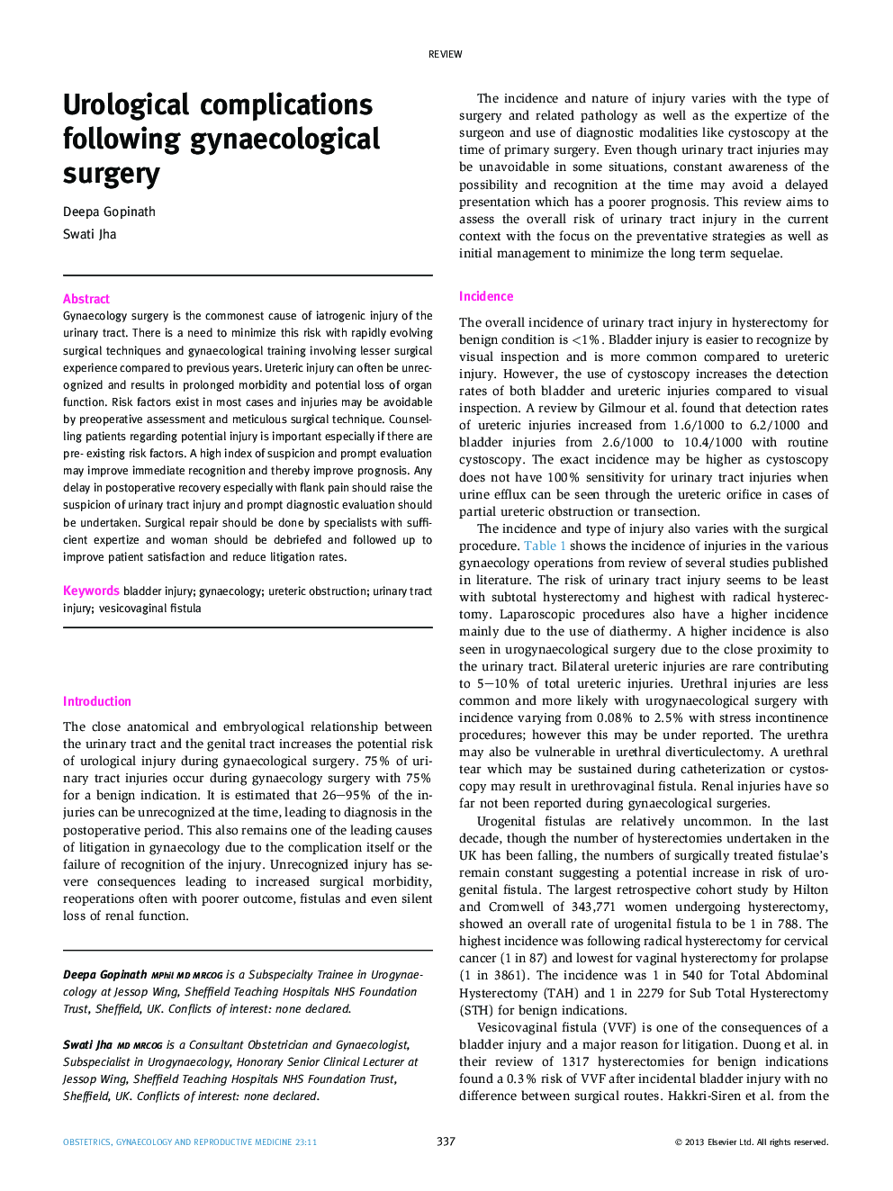 Urological complications following gynaecological surgery