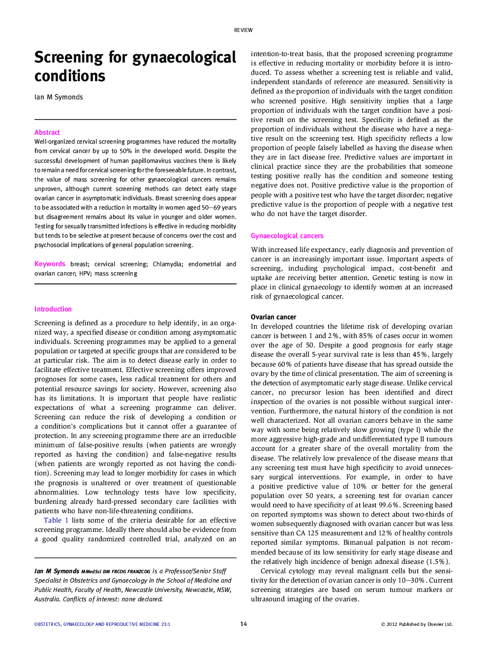 Screening for gynaecological conditions