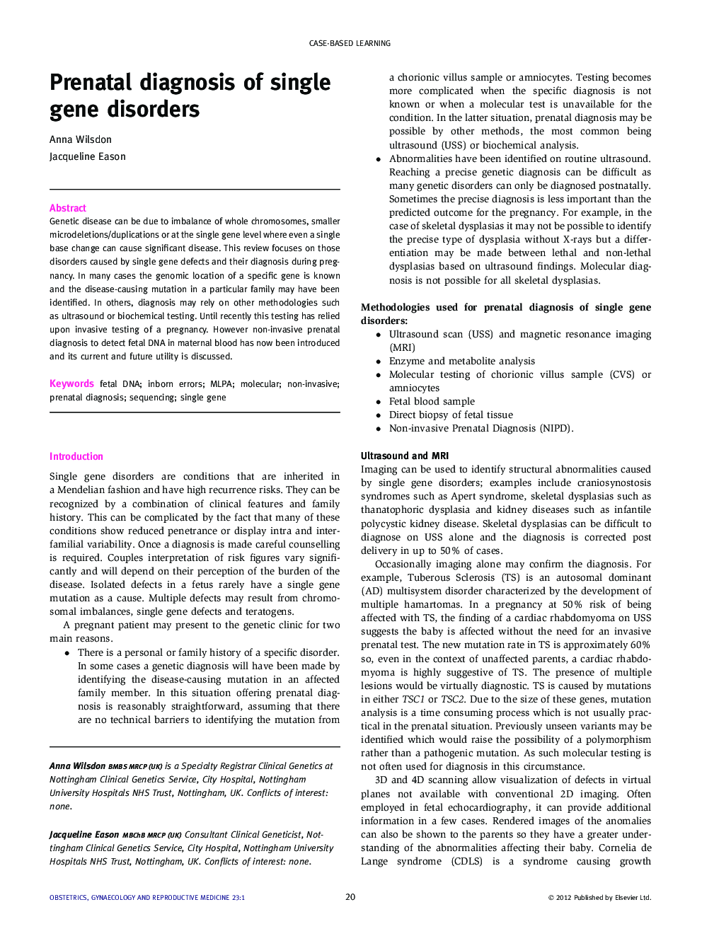 Prenatal diagnosis of single gene disorders