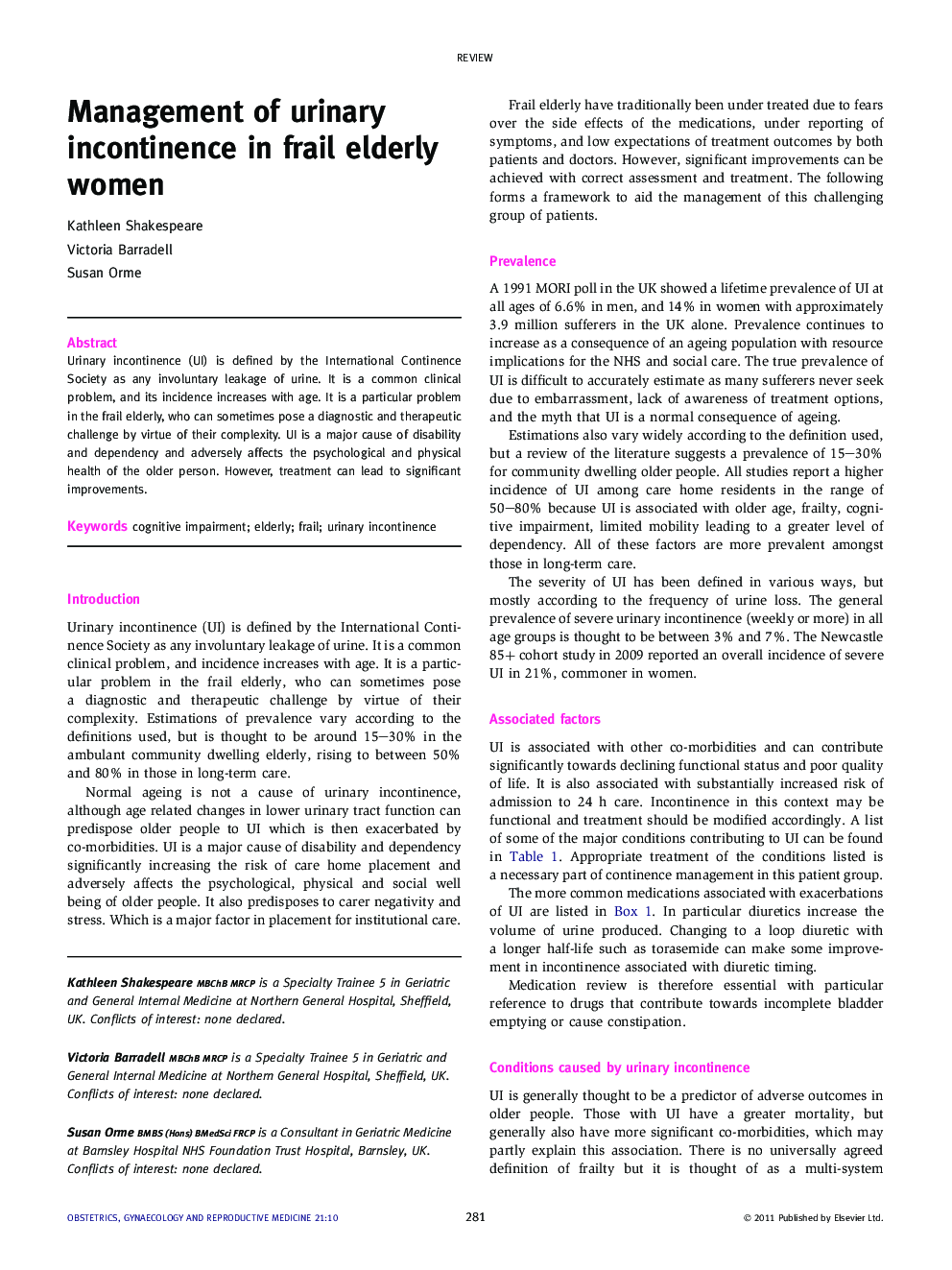 Management of urinary incontinence in frail elderly women