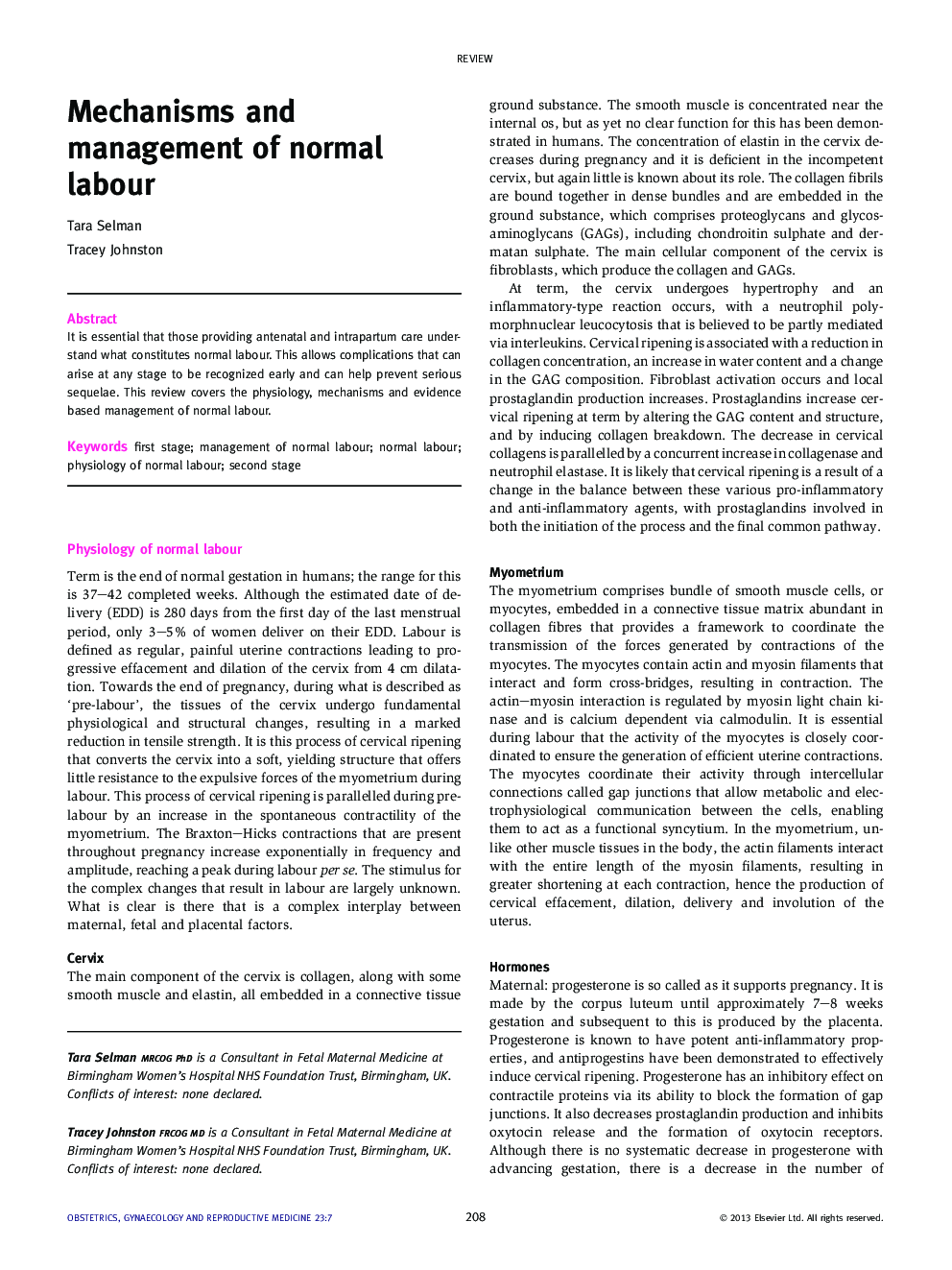 Mechanisms and management of normal labour