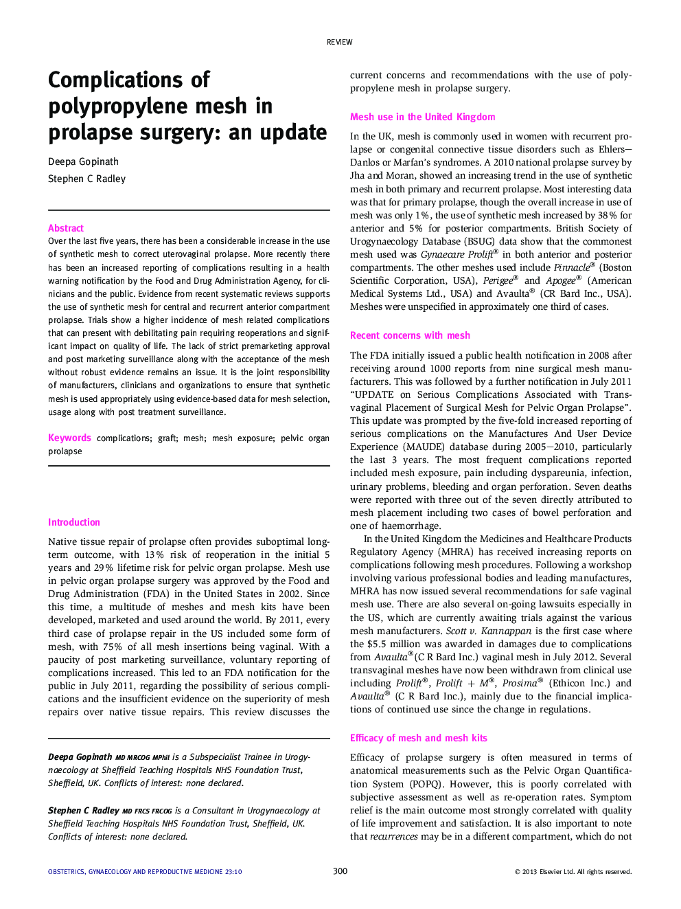 Complications of polypropylene mesh in prolapse surgery: an update