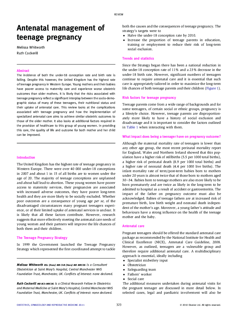 Antenatal management of teenage pregnancy