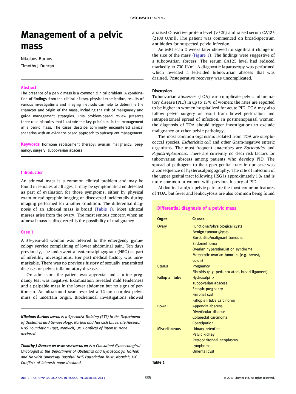 Management of a pelvic mass