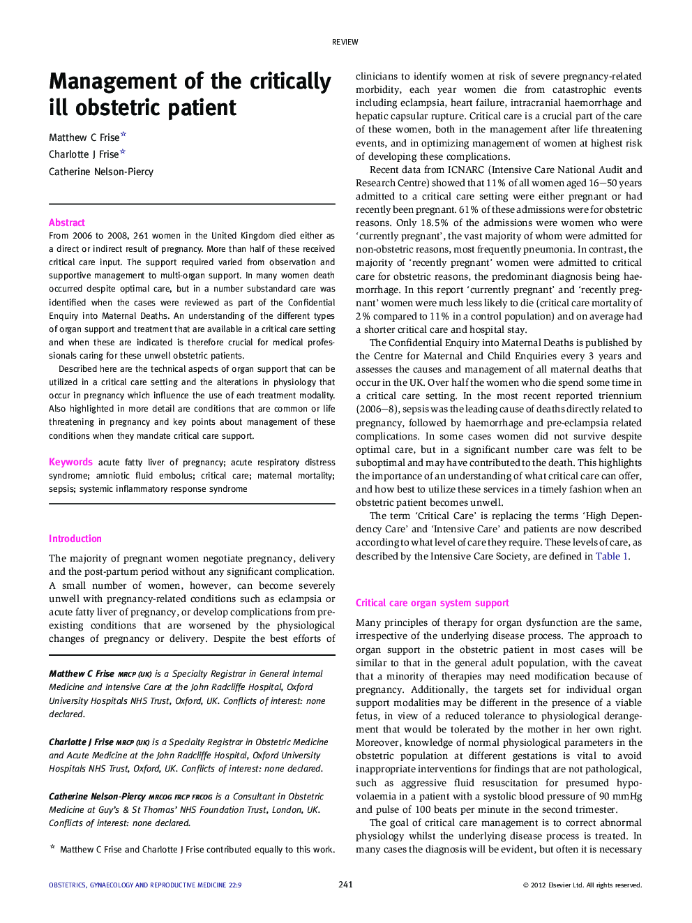 Management of the critically ill obstetric patient