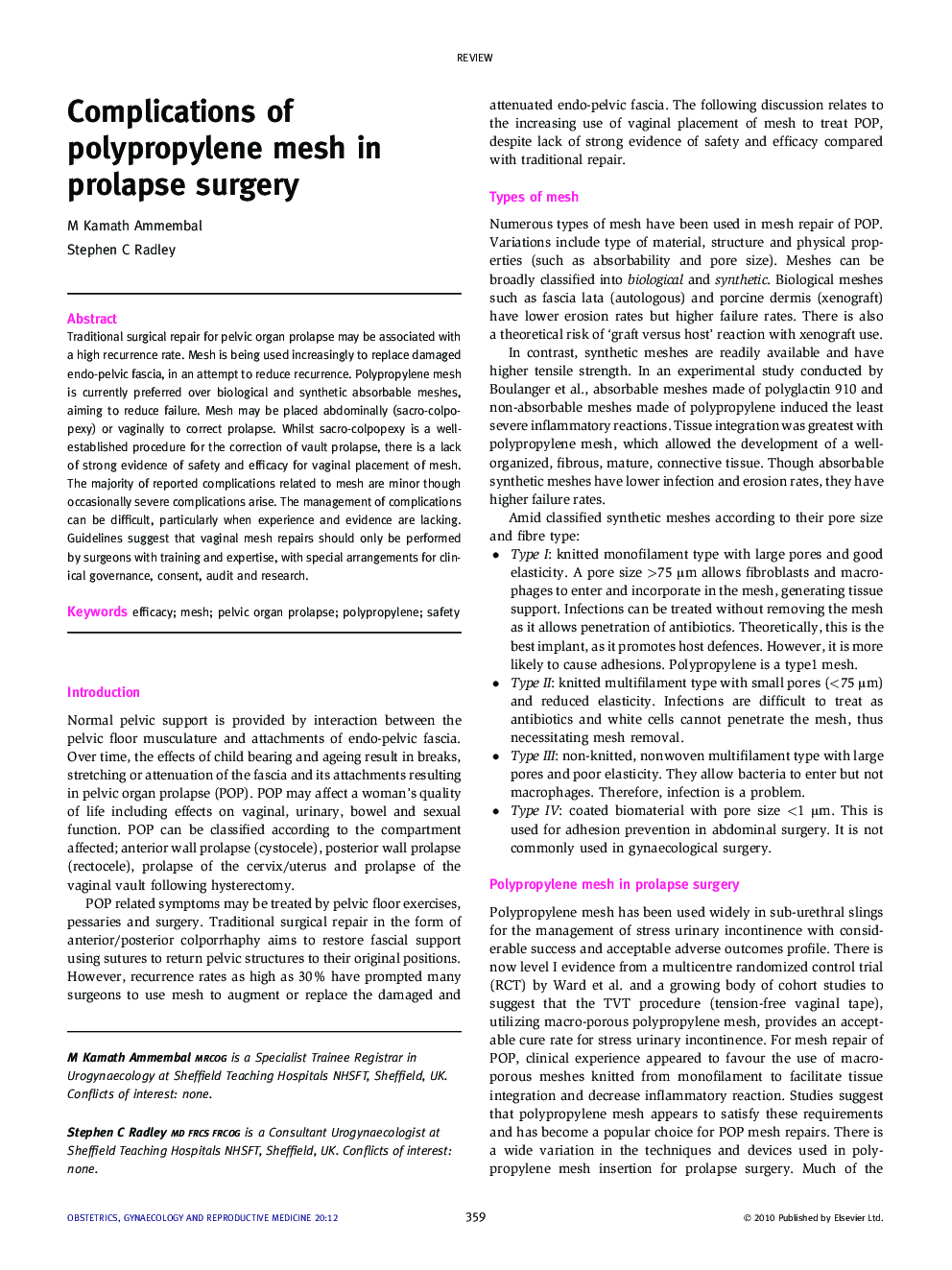 Complications of polypropylene mesh in prolapse surgery