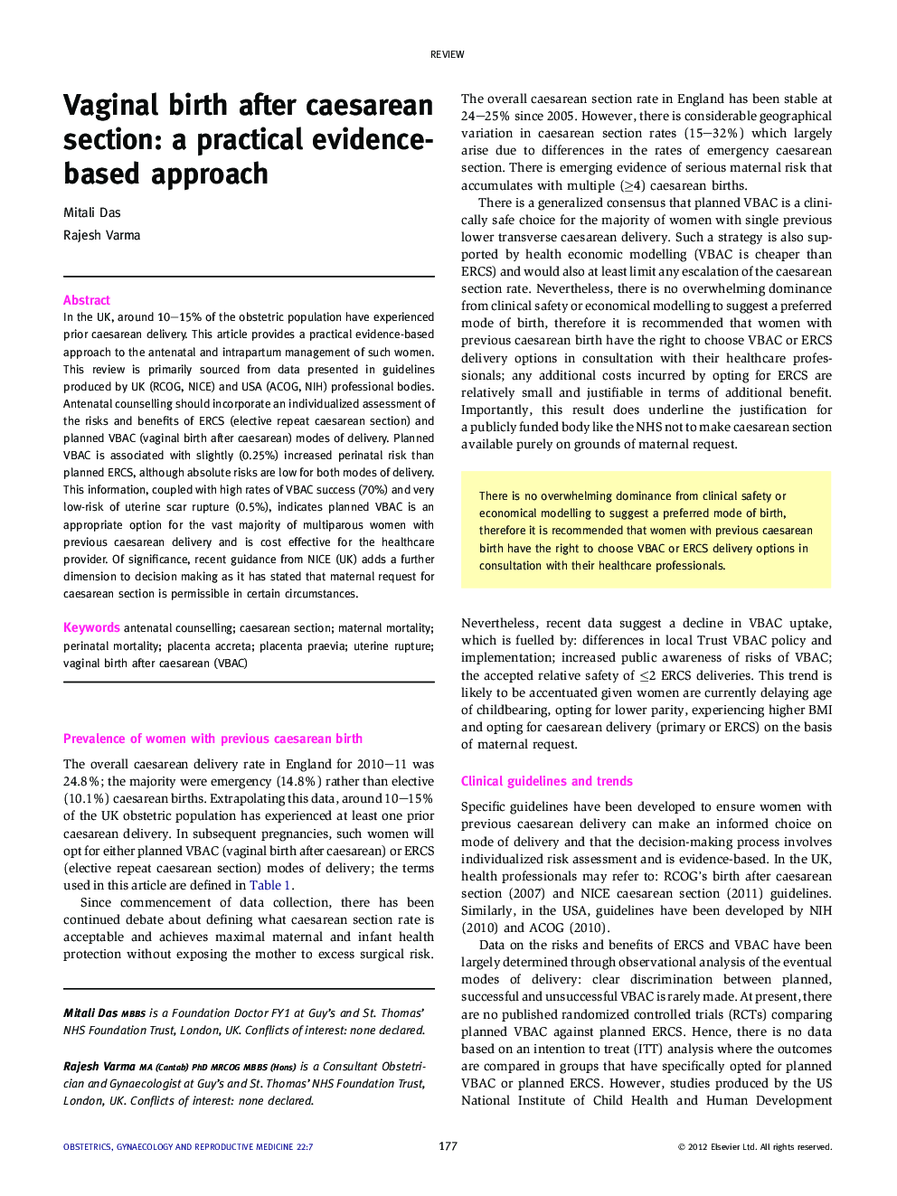 Vaginal birth after caesarean section: a practical evidence-based approach