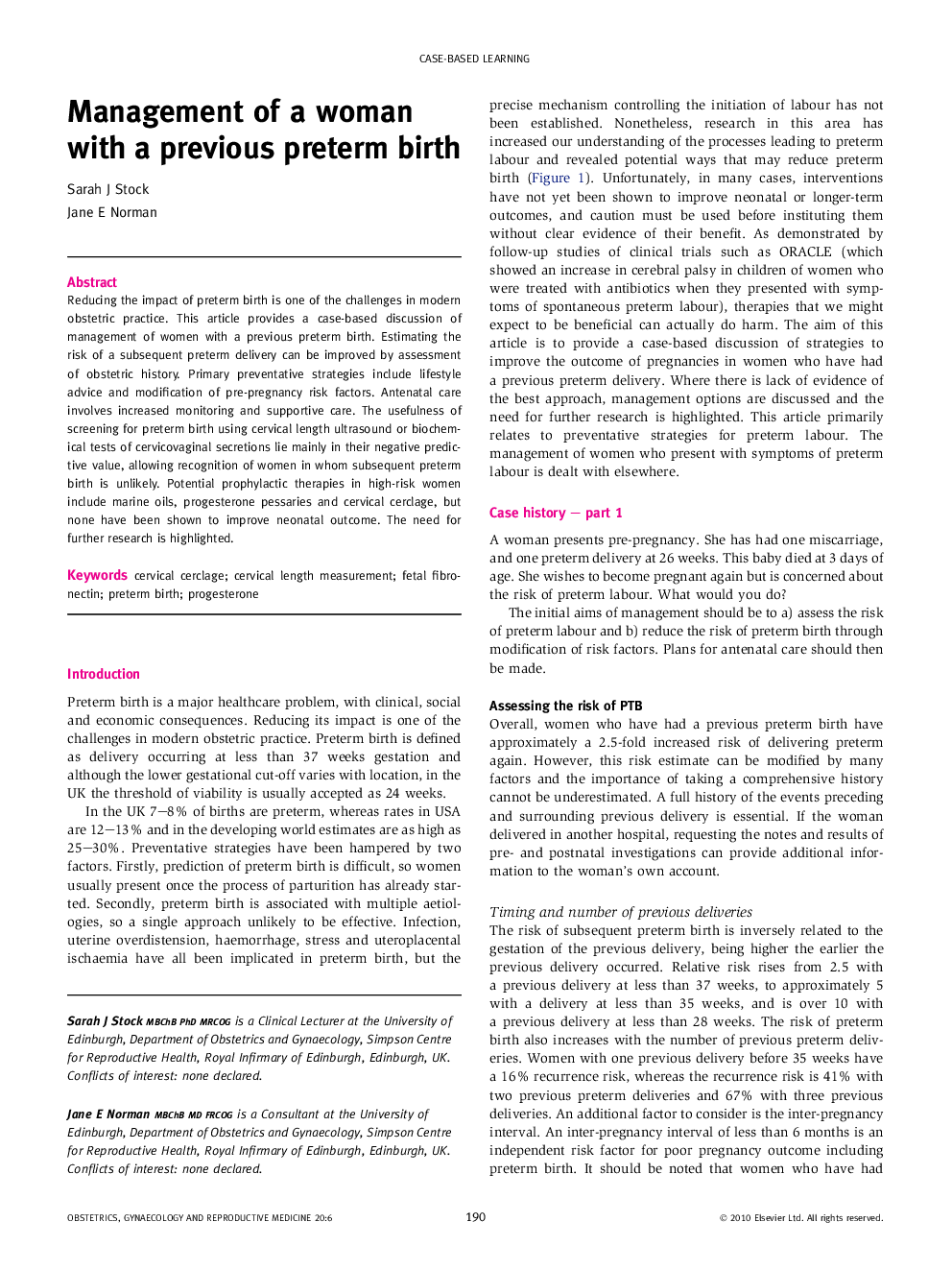 Management of a woman with a previous preterm birth