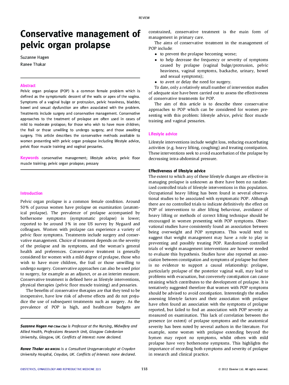 Conservative management of pelvic organ prolapse