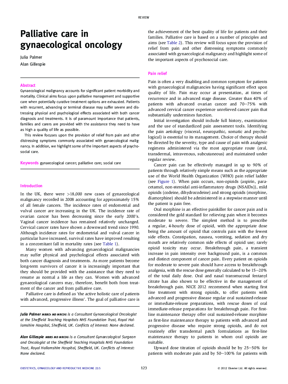 Palliative care in gynaecological oncology