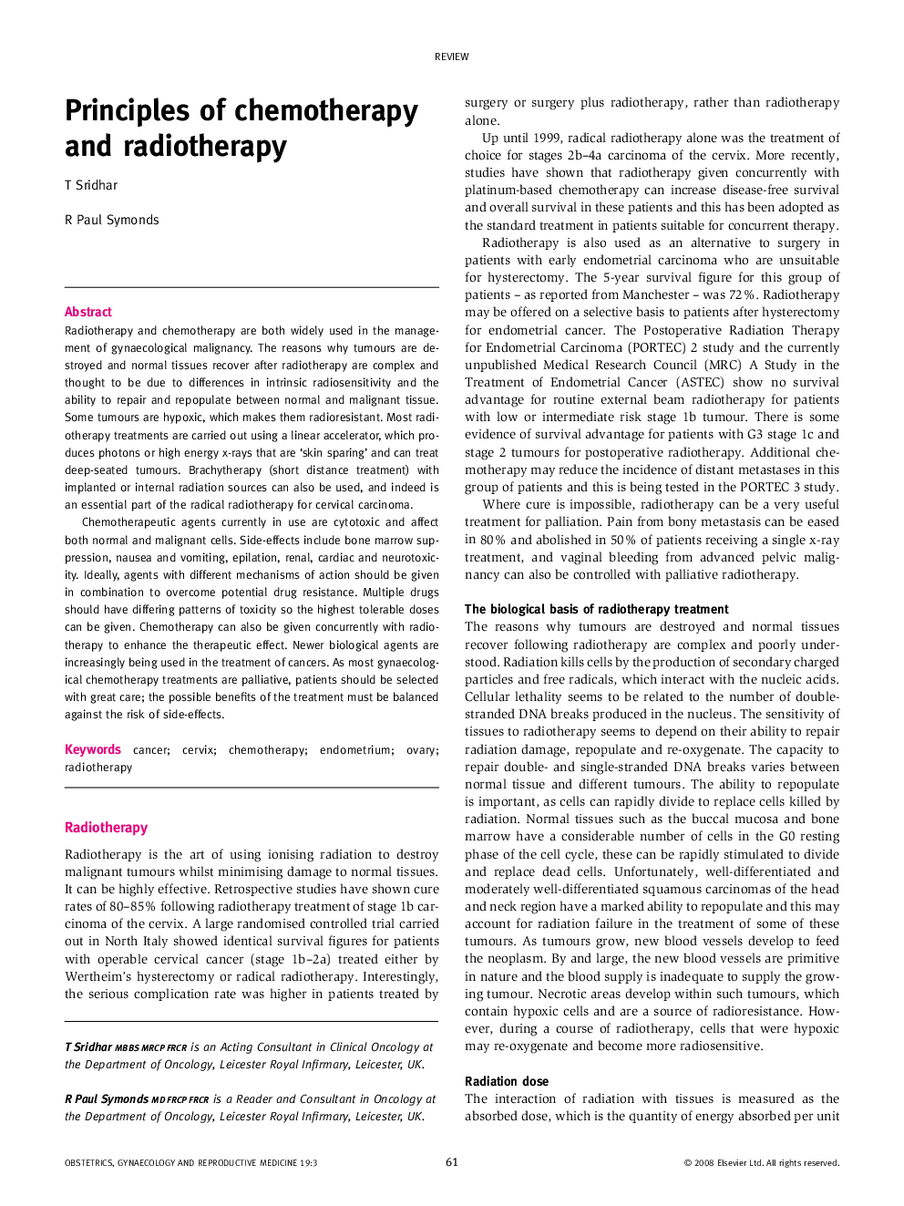 Principles of chemotherapy and radiotherapy