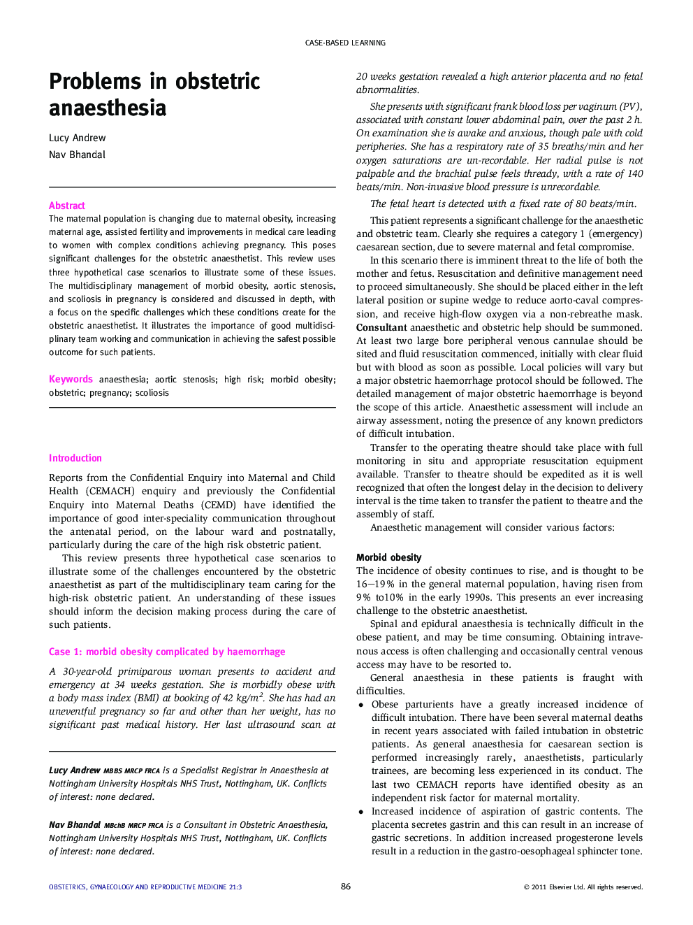 Problems in obstetric anaesthesia