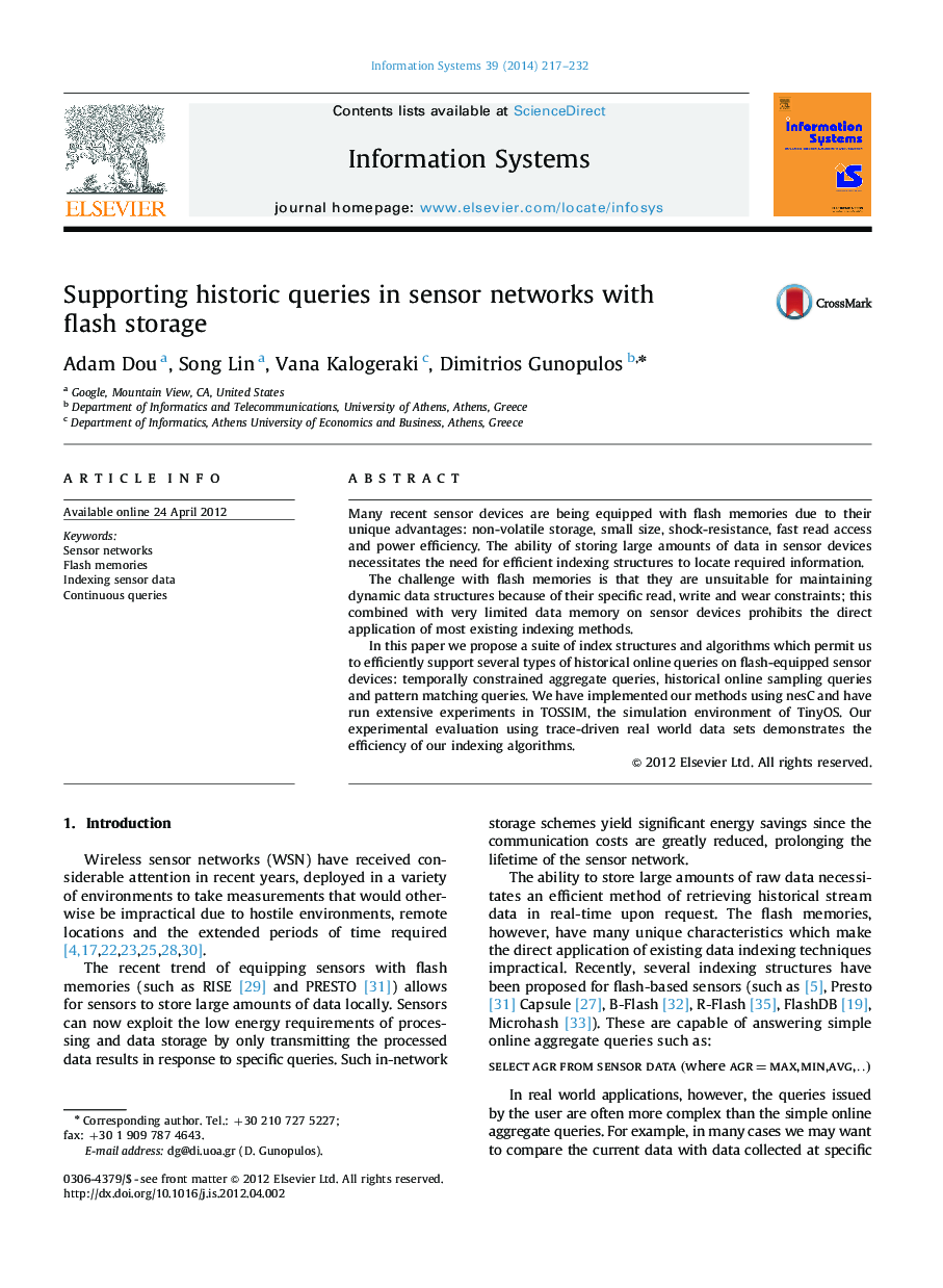 Supporting historic queries in sensor networks with flash storage