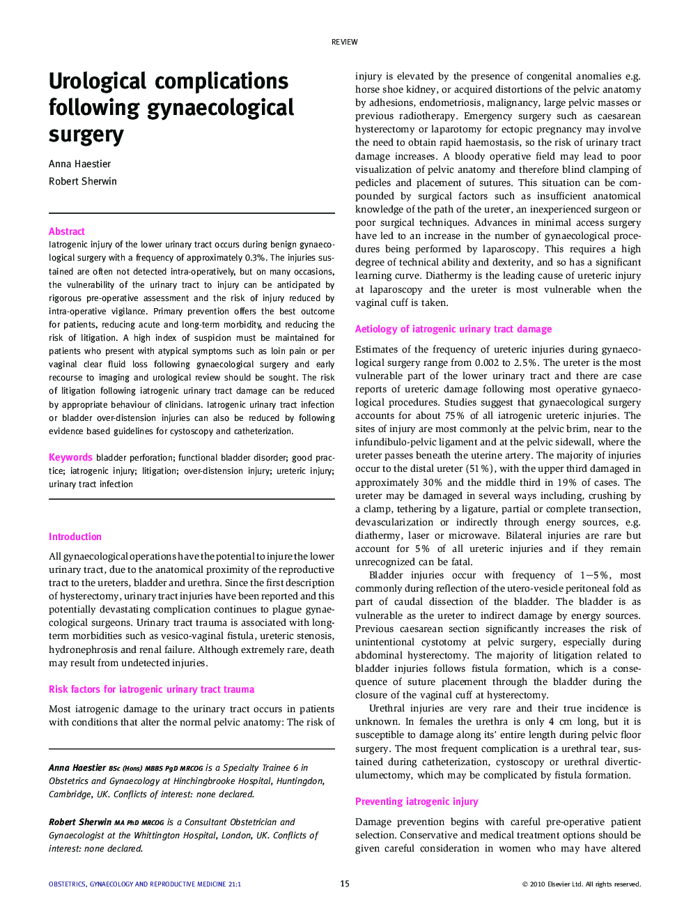 Urological complications following gynaecological surgery