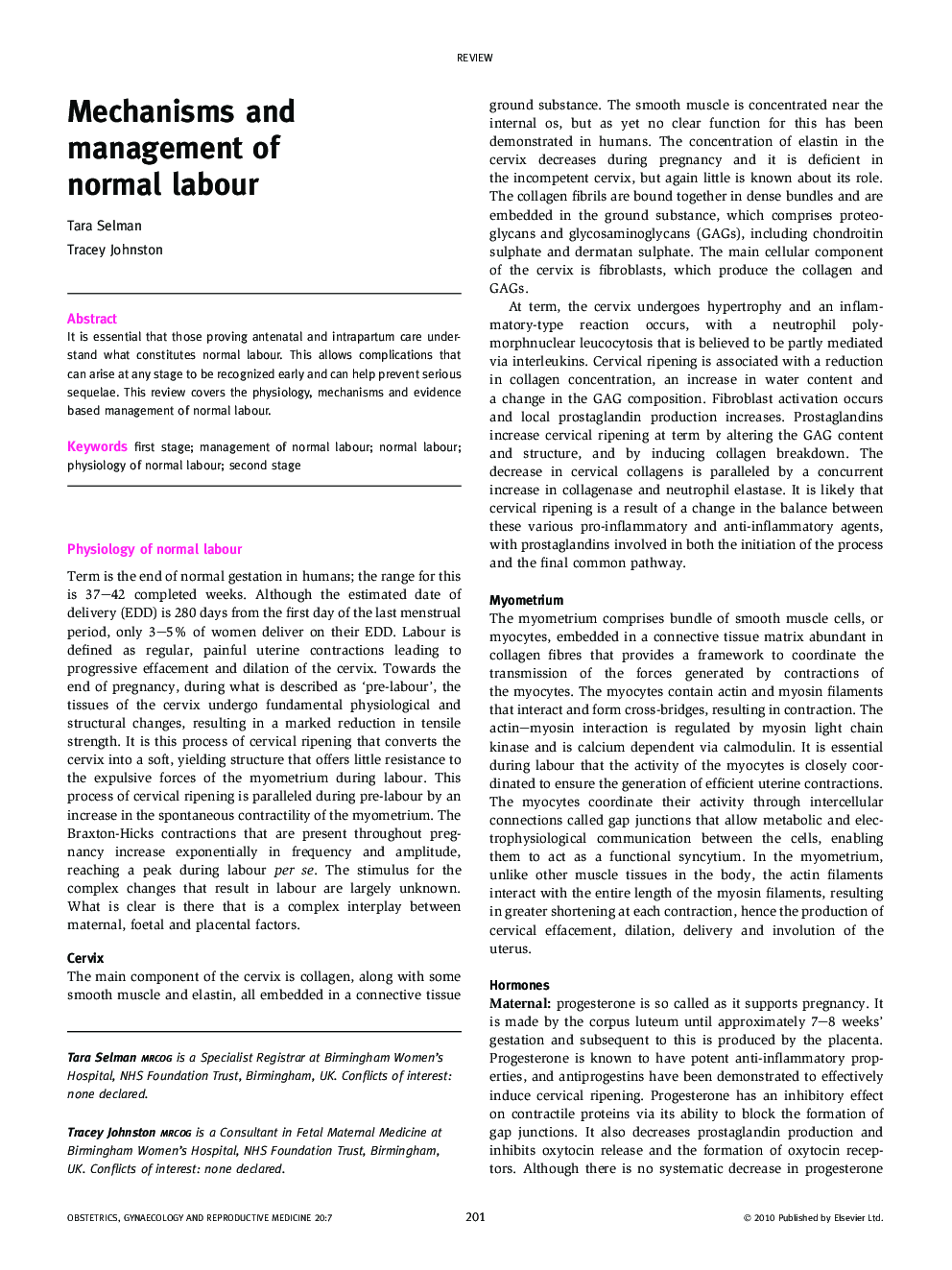 Mechanisms and management of normal labour