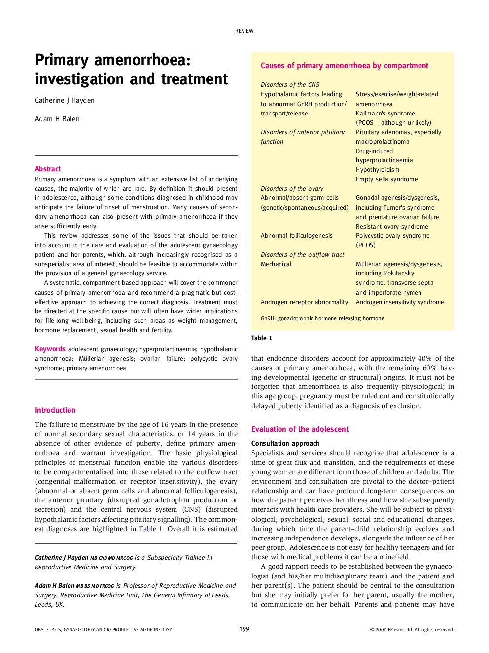 Primary amenorrhoea: investigation and treatment