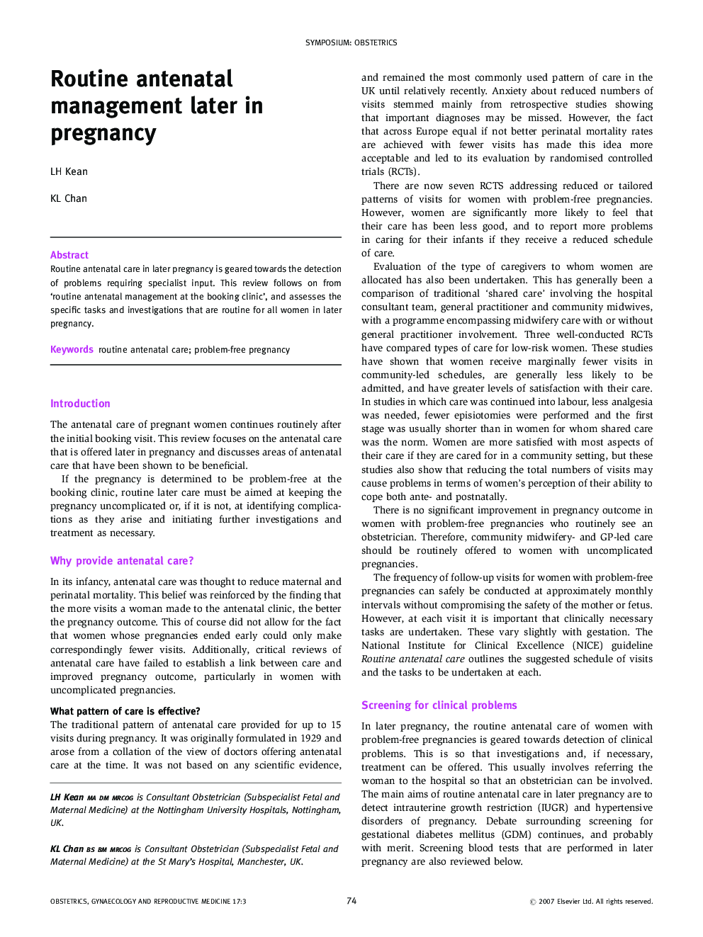 Routine antenatal management later in pregnancy