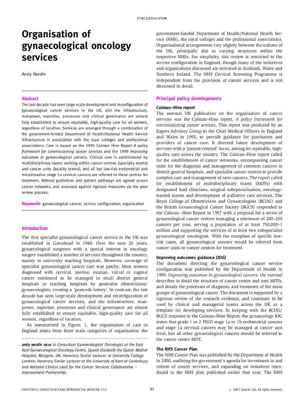 Organisation of gynaecological oncology services