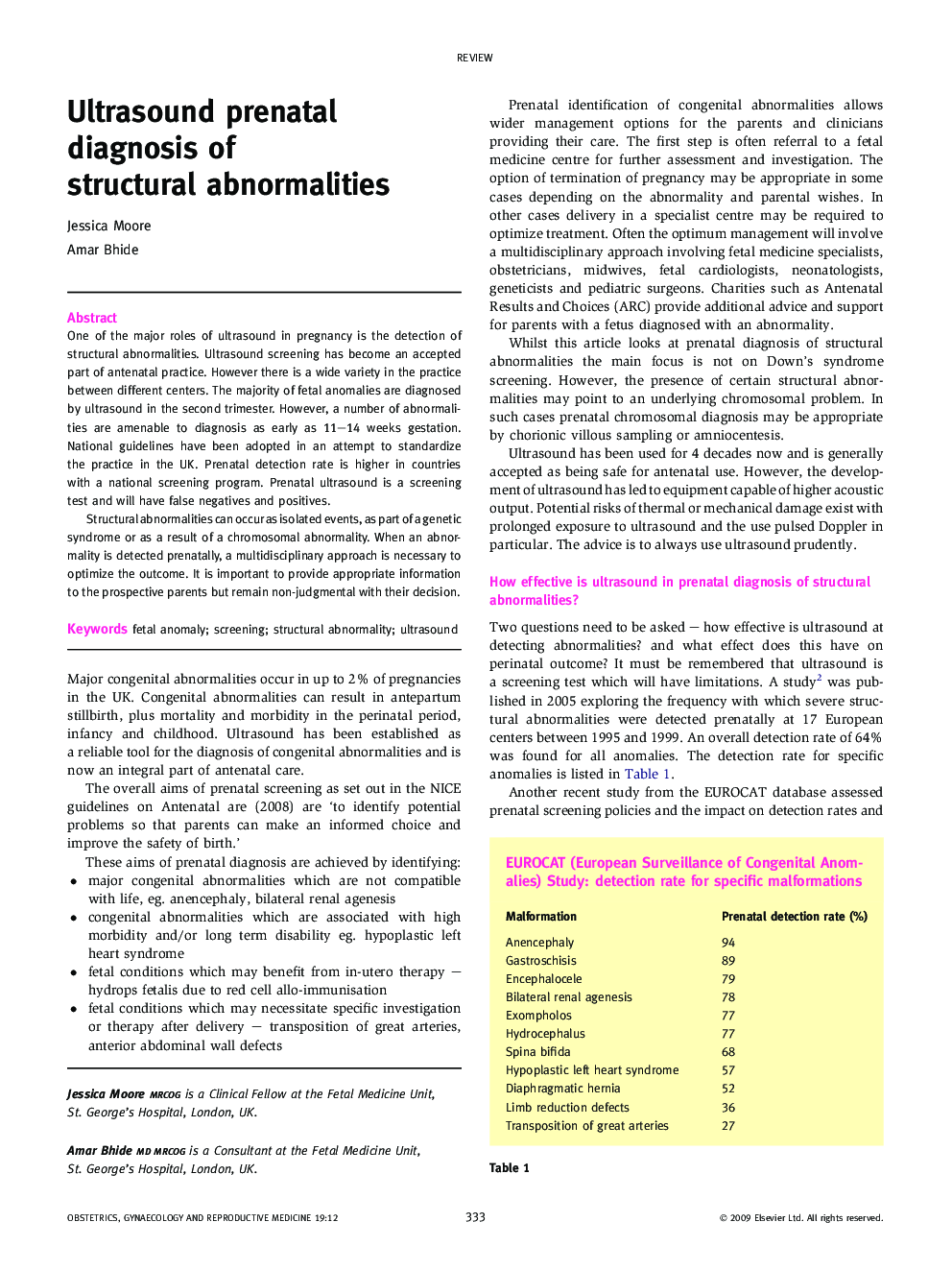 Ultrasound prenatal diagnosis of structural abnormalities