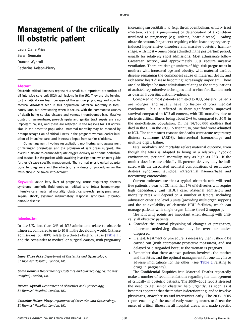 Management of the critically ill obstetric patient