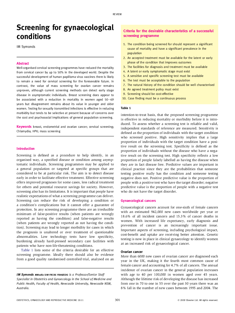 Screening for gynaecological conditions