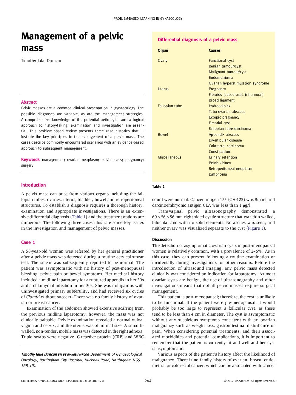 Management of a pelvic mass