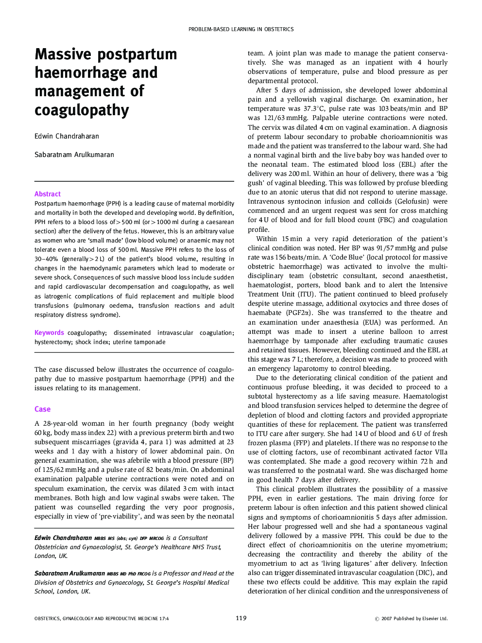 Massive postpartum haemorrhage and management of coagulopathy