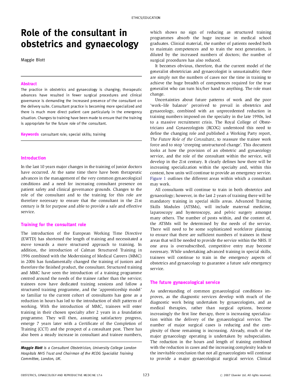 Role of the consultant in obstetrics and gynaecology