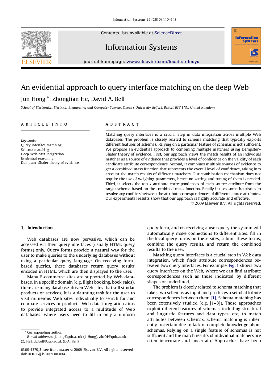 An evidential approach to query interface matching on the deep Web