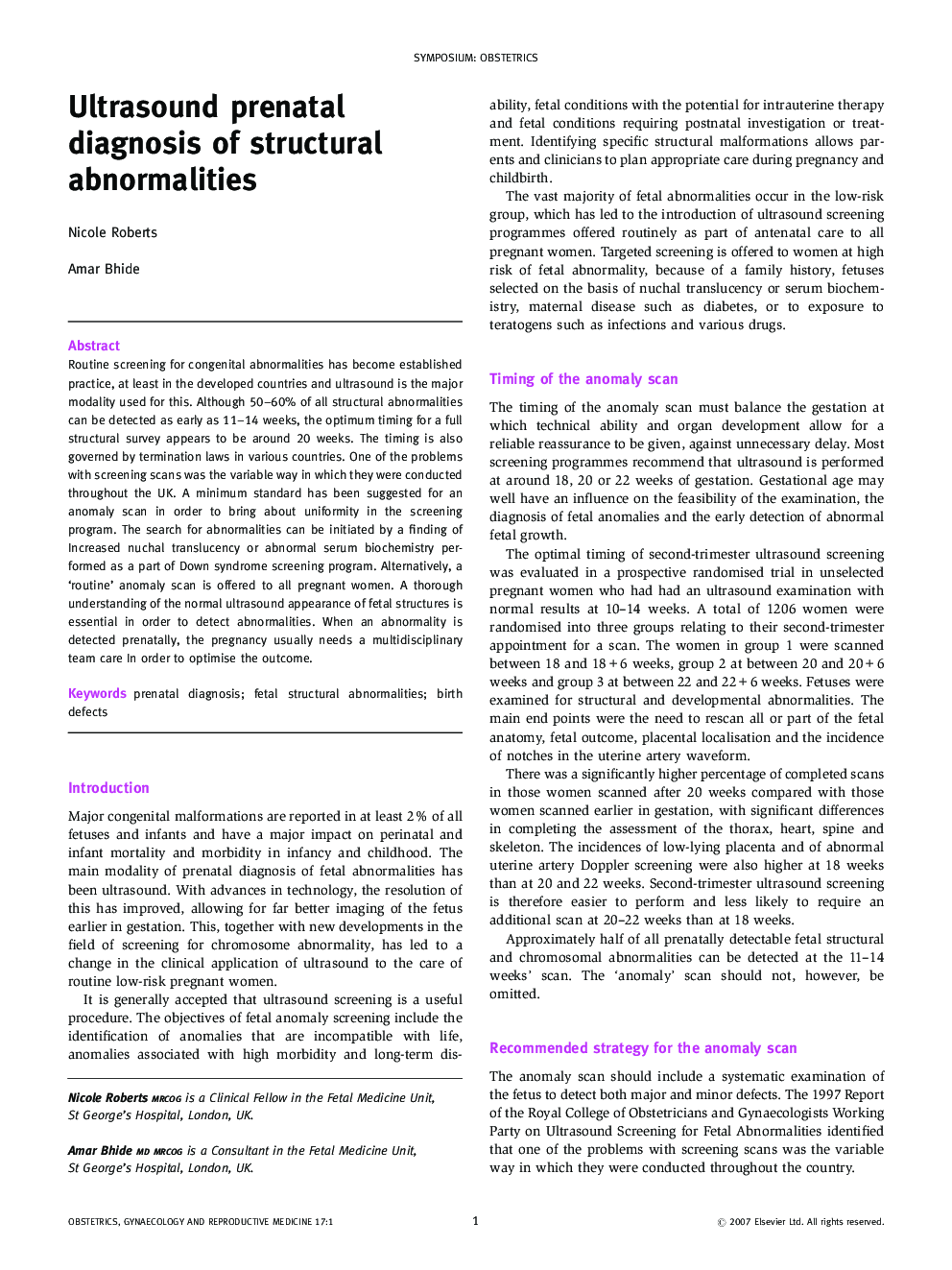 Ultrasound prenatal diagnosis of structural abnormalities