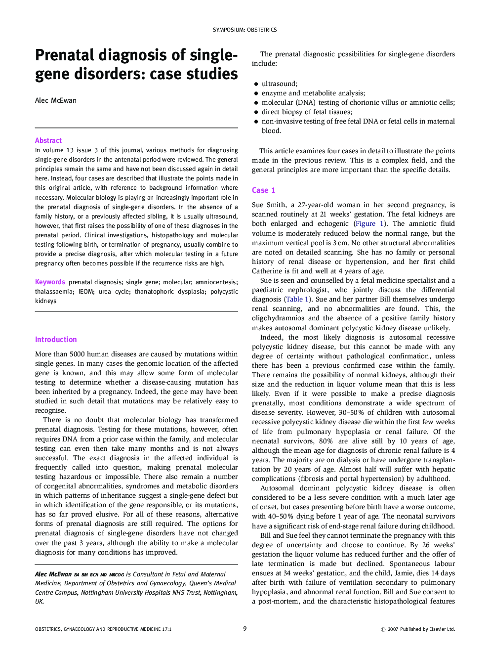 Prenatal diagnosis of single-gene disorders: case studies