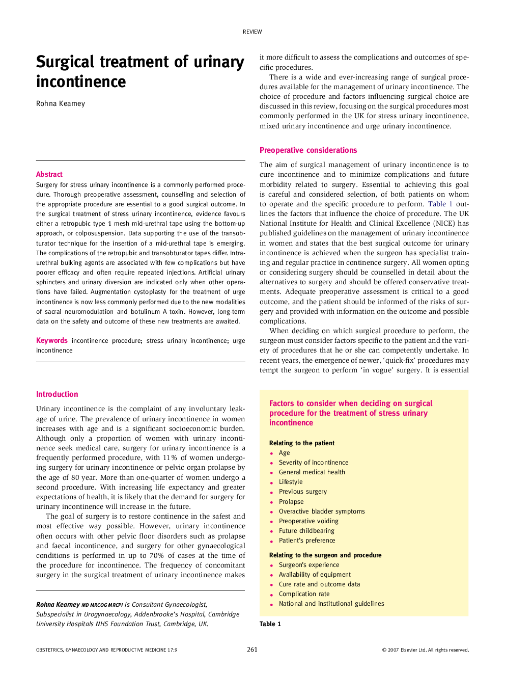 Surgical treatment of urinary incontinence