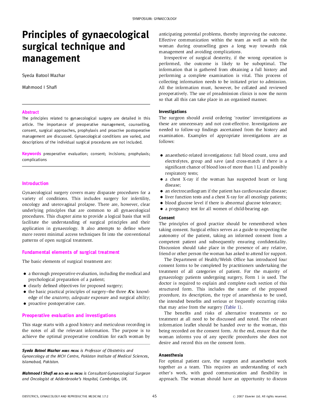 Principles of gynaecological surgical technique and management