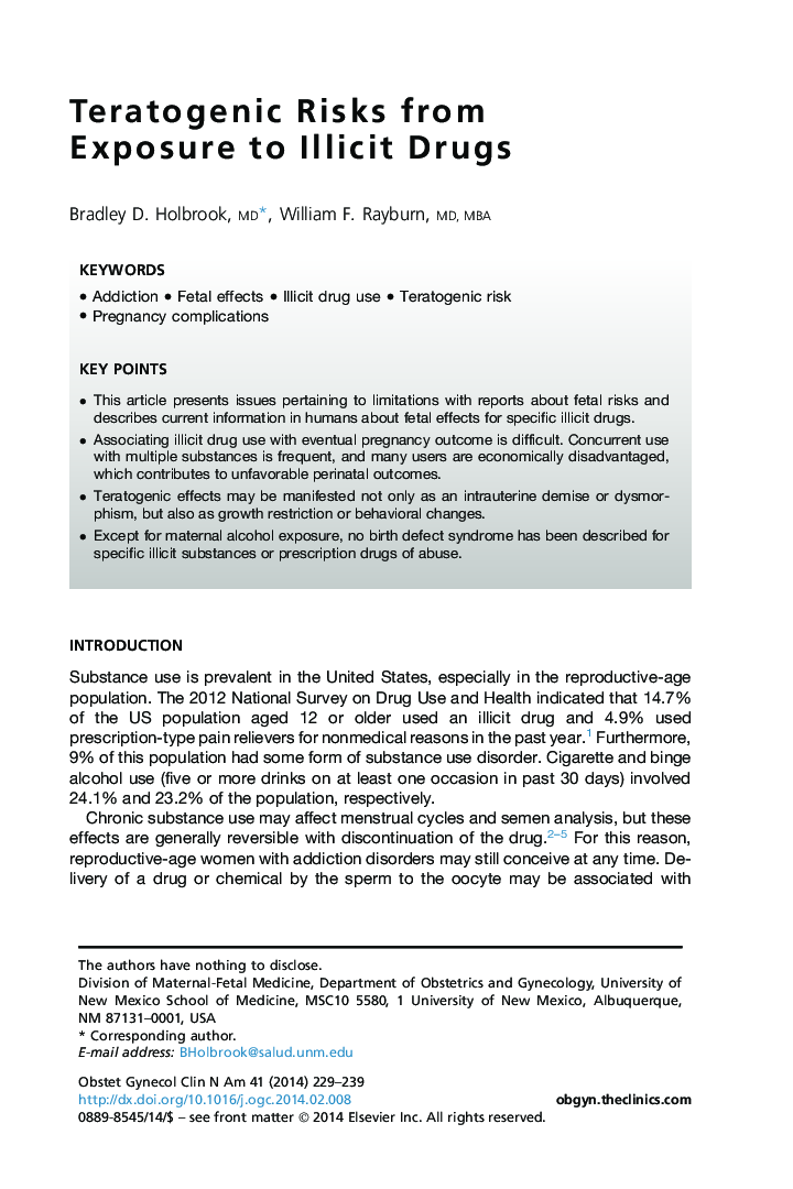 Teratogenic Risks from Exposure to Illicit Drugs