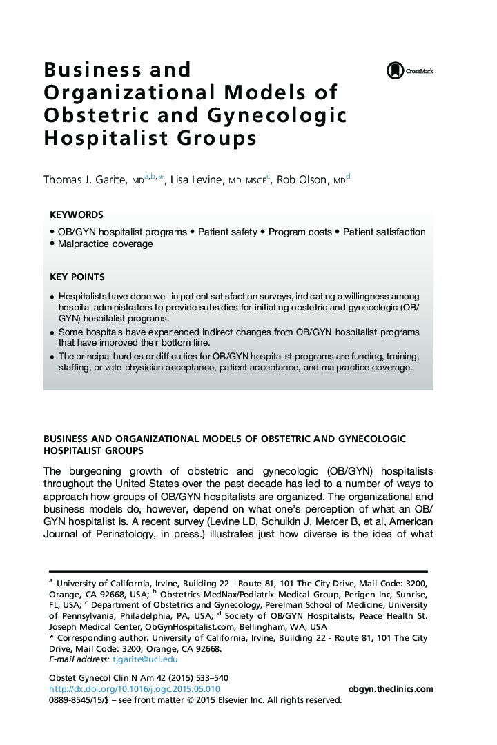 Business and Organizational Models of Obstetric and Gynecologic Hospitalist Groups