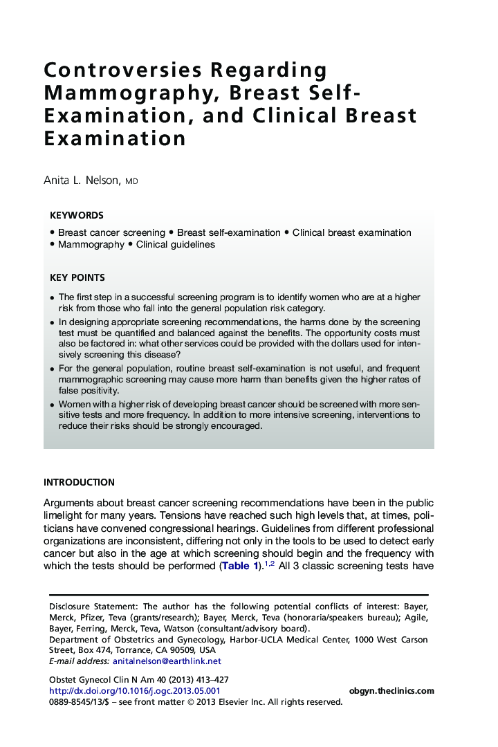 Controversies Regarding Mammography, Breast Self-Examination, and Clinical Breast Examination