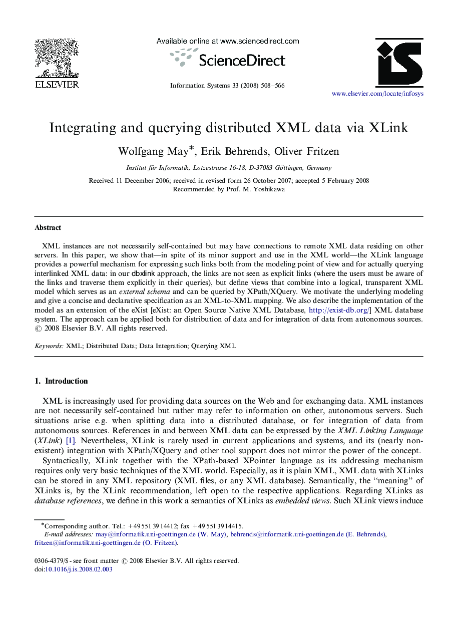 Integrating and querying distributed XML data via XLink