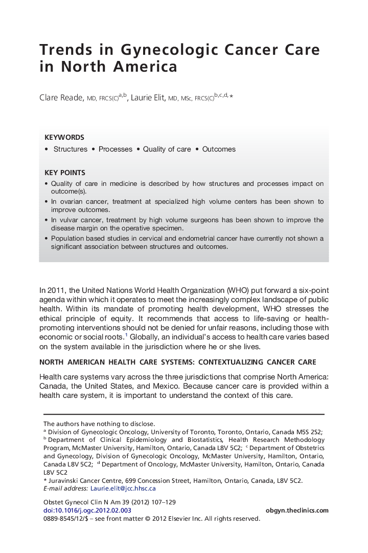 عکس صفحه اول مقاله: Trends in Gynecologic Cancer Care in North America Trends in Gynecologic Cancer Care in North America