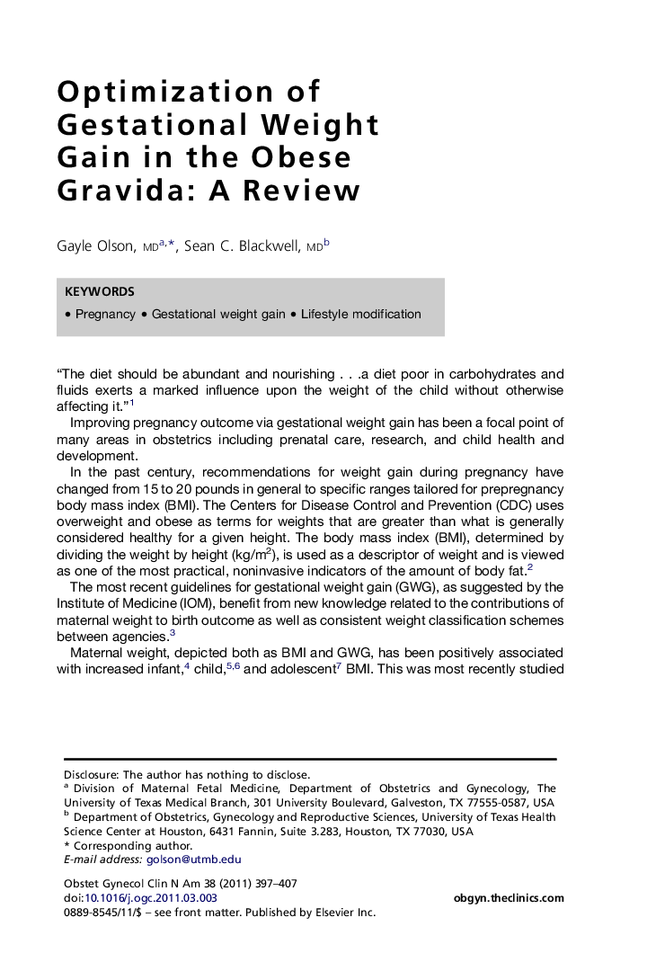 Optimization of Gestational Weight Gain in the Obese Gravida: A Review