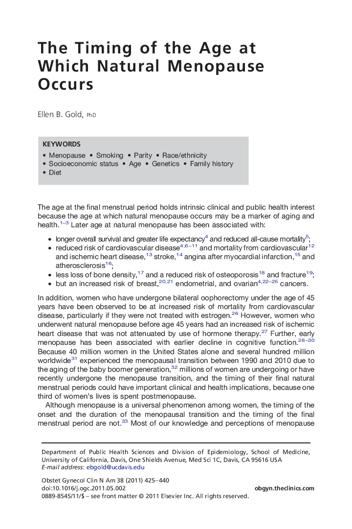 The Timing of the Age at Which Natural Menopause Occurs