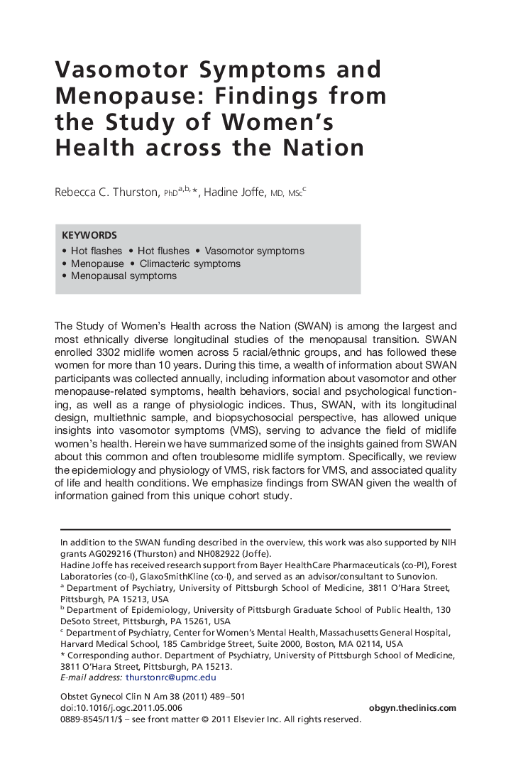 Vasomotor Symptoms and Menopause: Findings from the Study of Women's Health across the Nation