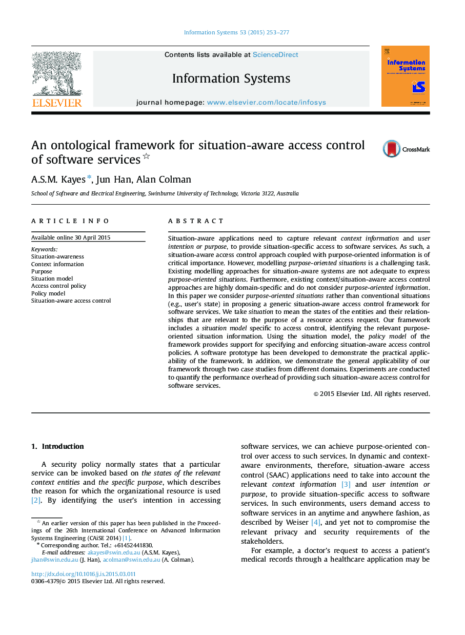 An ontological framework for situation-aware access control of software services 