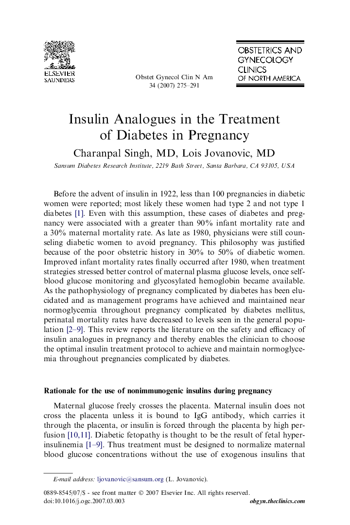 Insulin Analogues in the Treatment of Diabetes in Pregnancy