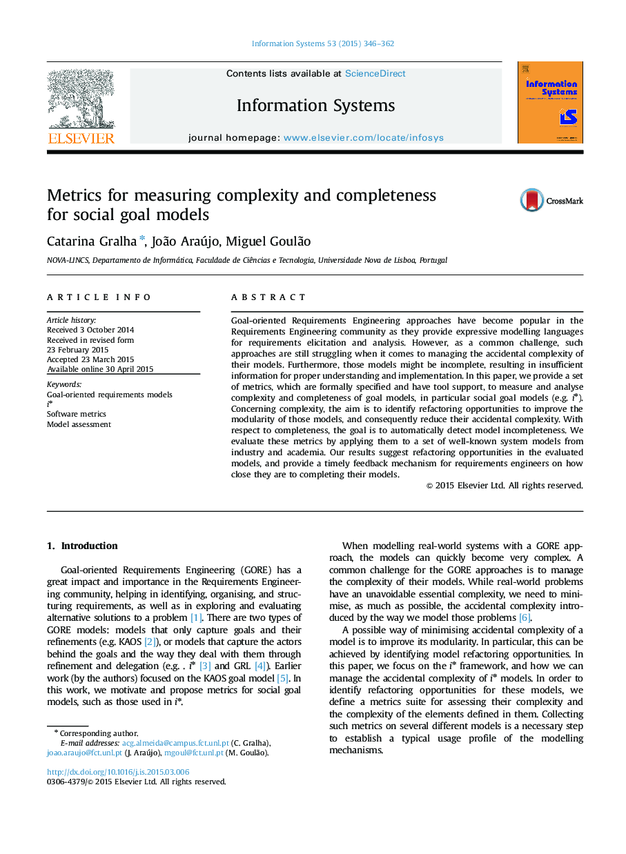 Metrics for measuring complexity and completeness for social goal models