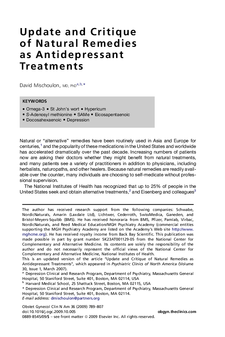 Update and Critique of Natural Remedies as Antidepressant Treatments