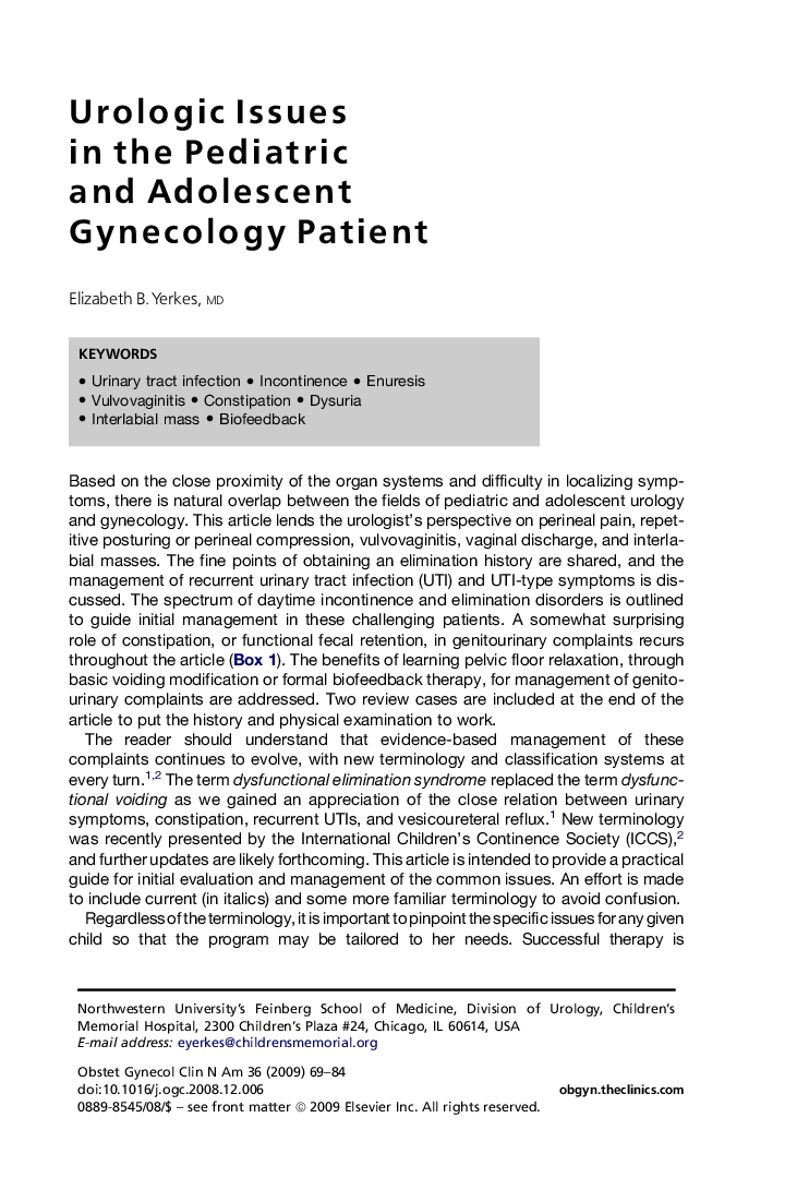 Urologic Issues in the Pediatric and Adolescent Gynecology Patient